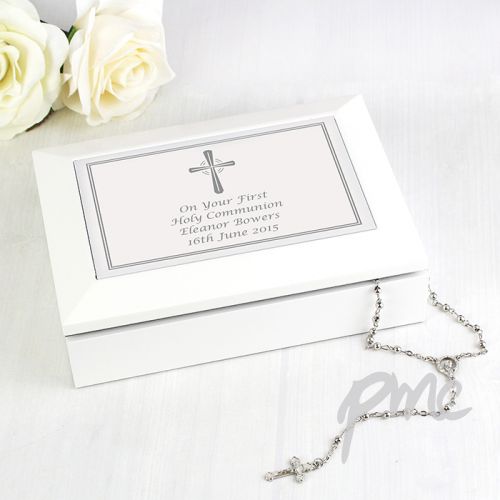 Personalised Silver Cross White Wooden Keepsake Box