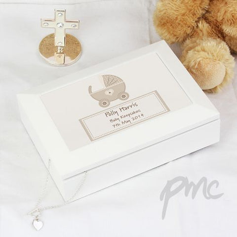 Personalised Stitched Pram White Wooden Keepsake Box