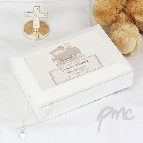 Personalised Stitched Train White Wooden Keepsake Box