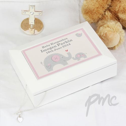Personalised Pink Baby Elephant White Wooden Keepsake Box