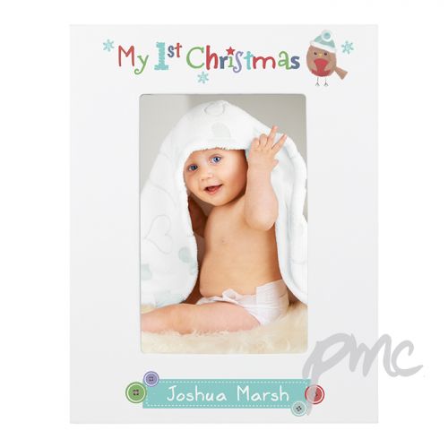Personalised Felt Stitch Robin My 1st Christmas 4x6 White Wooden Photo Frame