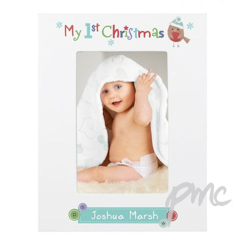 Personalised Felt Stitch Robin My 1st Christmas 4x6 White Wooden Photo Frame