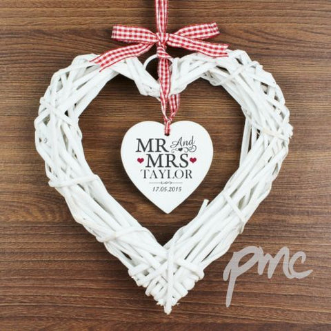 Personalised Mr & Mrs Wicker Heart Decoration