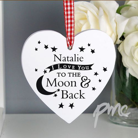 Personalised To the Moon and Back... Wooden Heart Decoration