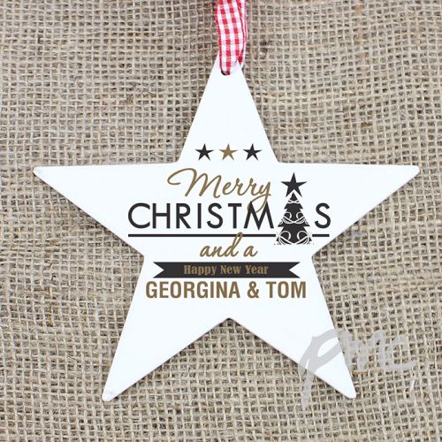Personalised Merry Christmas And A Happy New Year Wooden Star Decoration