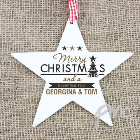 Personalised Merry Christmas And A Happy New Year Wooden Star Decoration
