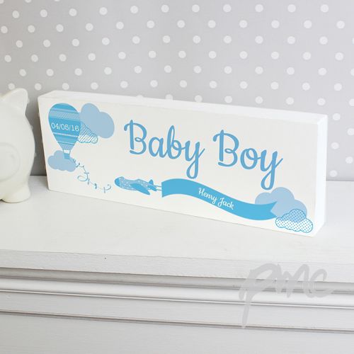 Personalised Up & Away Baby Boy Wooden Block Sign