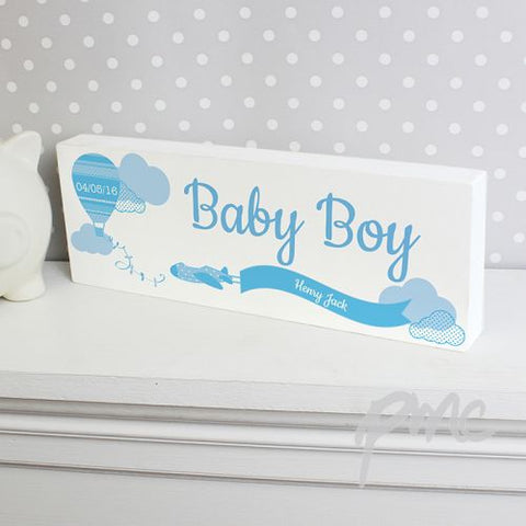 Personalised Up & Away Baby Boy Wooden Block Sign
