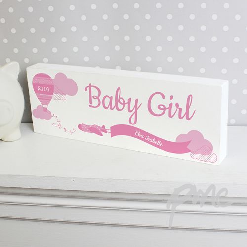 Personalised Up & Away Baby Girl Wooden Block Sign