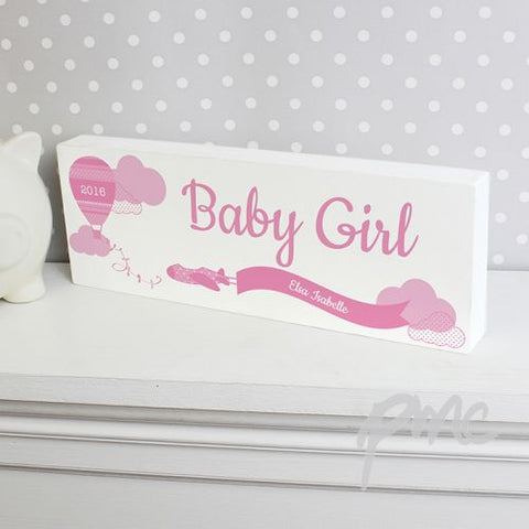 Personalised Up & Away Baby Girl Wooden Block Sign