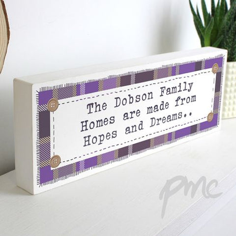 Personalised Purple Tartan Wooden Block Sign
