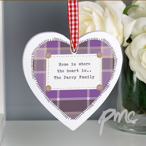Personalised Purple Tartan Wooden Heart Decoration