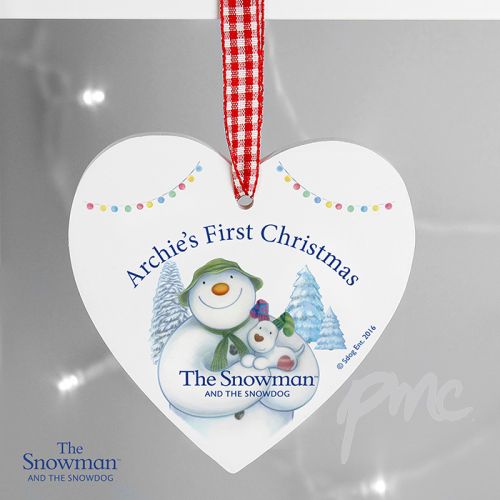 Personalised The Snowman and the Snowdog Wooden Heart Decoration