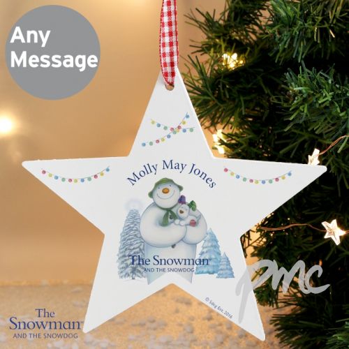 Personalised The Snowman and the Snowdog Wooden Star Decoration