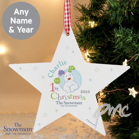 Personalised The Snowman and the Snowdog My 1st Christmas Blue Wooden Star Decoration