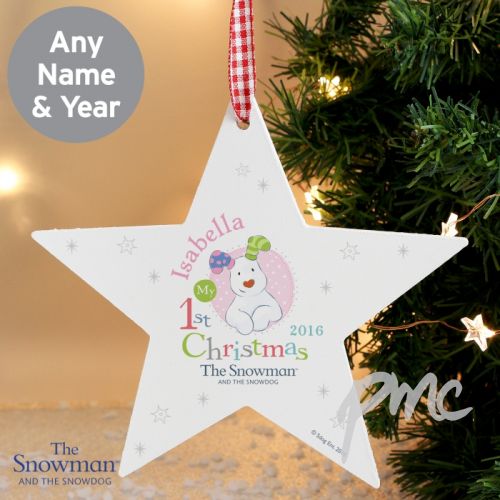 Personalised The Snowman and the Snowdog My 1st Christmas Pink Wooden Star Decoration