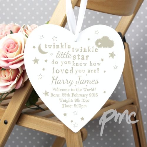 Personalised Twinkle Twinkle 22cm Large Wooden Heart Decoration