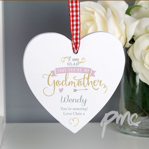 Personalised I Am Glad... Godmother Wooden Heart Decoration