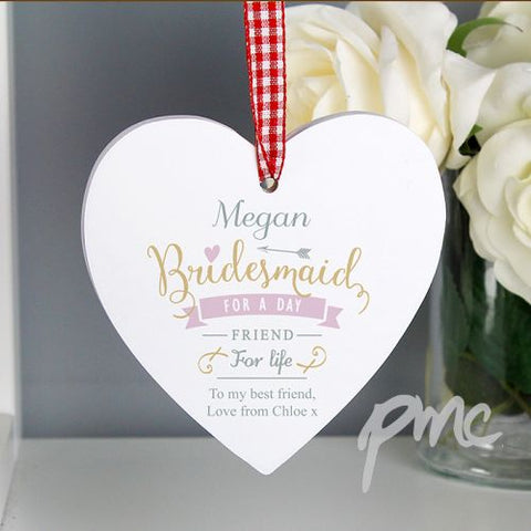 Personalised I Am Glad... Bridesmaid Wooden Heart Decoration