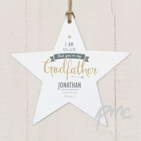 Personalised I Am Glad... Godfather Wooden Star Decoration
