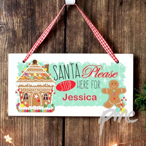 Personalised Gingerbread House Santa Stop Here Wooden Sign