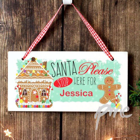 Personalised Gingerbread House Santa Stop Here Wooden Sign