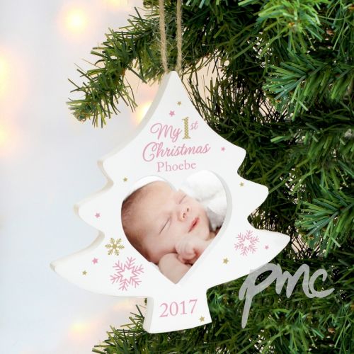 Personalised Pink My 1st Christmas Tree Photo Frame Decoration