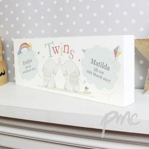 Personalised Hessian Elephant Twins Wooden Block Sign