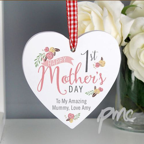 Personalised Floral Bouquet 1st Mothers Day Wooden Heart Decoration