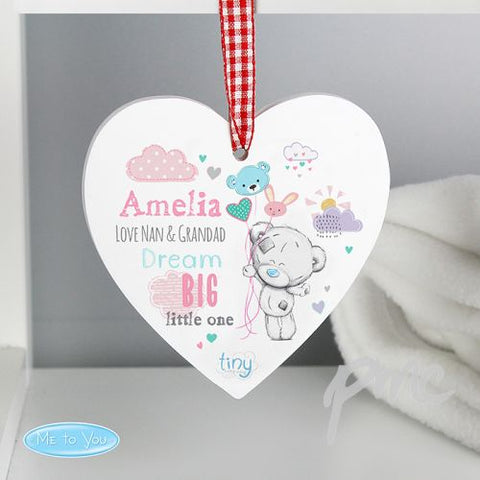 Personalised Tiny Tatty Teddy Dream Big Pink Wooden Heart Decoration