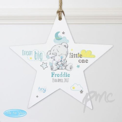 Personalised Tiny Tatty Teddy Dream Big Blue Wooden Star Decoration