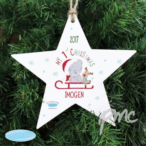 Personalised Tiny Tatty Teddy My 1st Christmas Sleigh Wooden Star Decoration