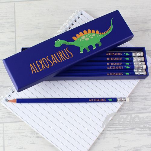 Personalised Dinosaur Box of 12 Blue HB Pencils