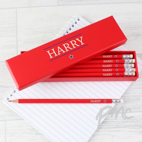 Personalised Blue Star Box of 12 Red HB Pencils