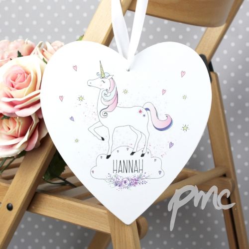 Personalised Unicorn 22cm Large Wooden Heart Decoration