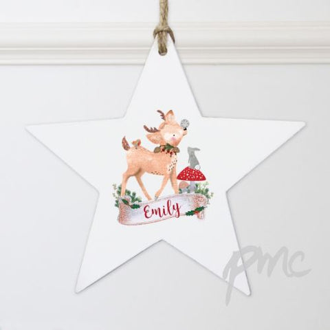 Personalised Festive Fawn Wooden Star Decoration