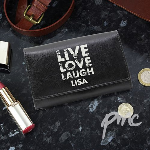 Personalised Live Laugh Love Black Leather Purse
