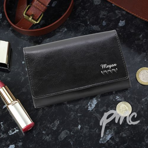 Personalised Name & Hearts Black Leather Purse