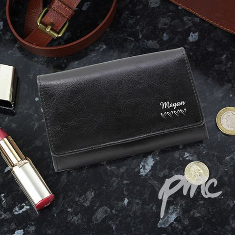 Personalised Name & Hearts Black Leather Purse