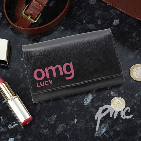 Personalised OMG Slogan Black Leather Purse