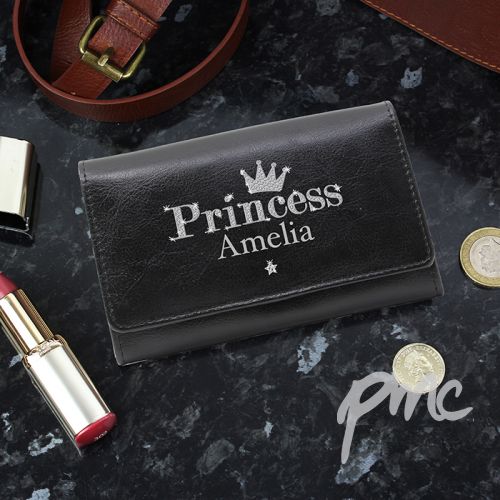 Personalised Princess Black Leather Purse