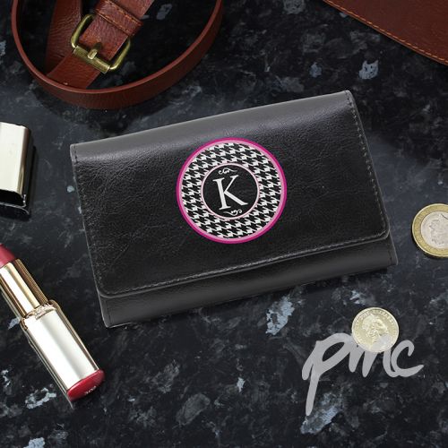 Personalised Houndstooth Black Leather Purse