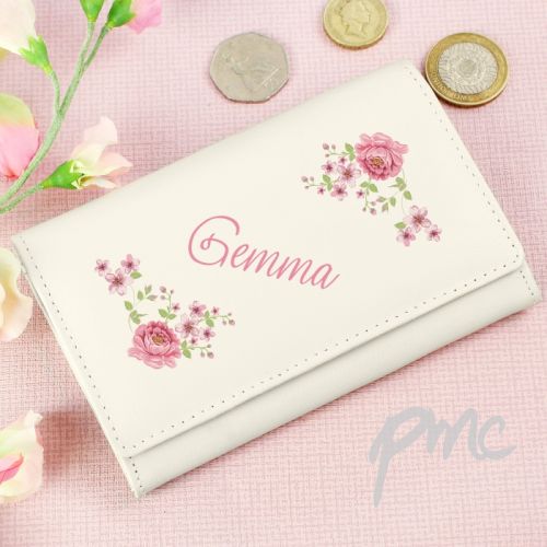 Personalised Floral Cream Leather Purse