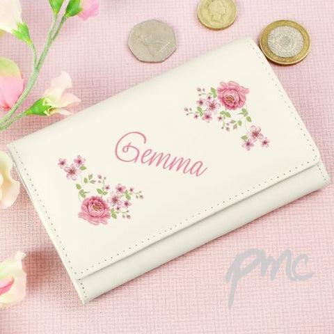 Personalised Floral Cream Leather Purse