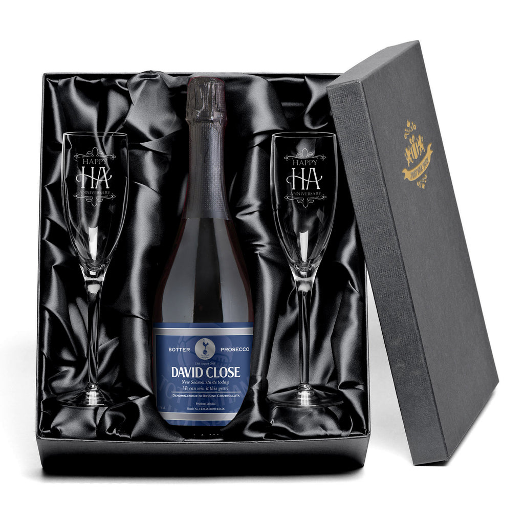 Spurs Blue Prosecco with set of Happy Anniversary Glass Flutes