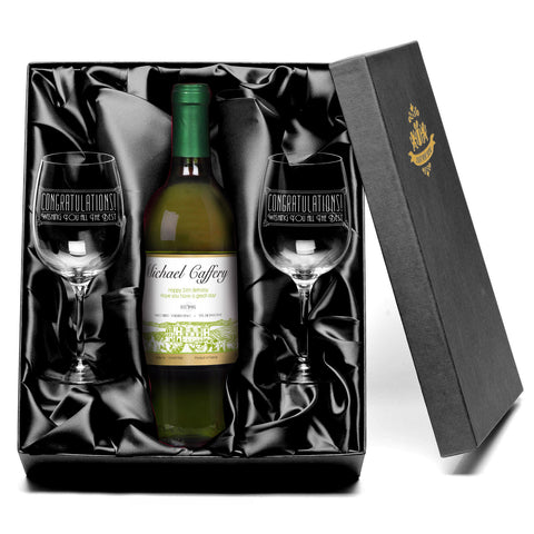 French VdP Vineyard White Wine with set of Congratulations Wine Glasses