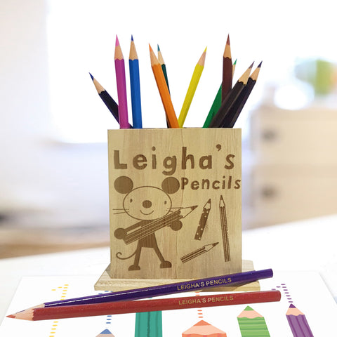 Arty Mouse Wooden Pencil Holder & Pencils
