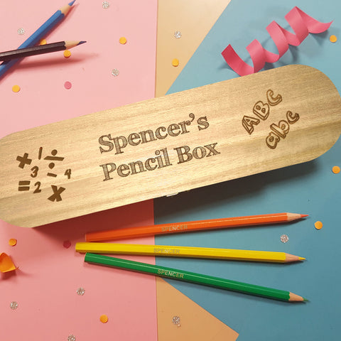 Back to School Wooden Box with Hinged Lid & 12 Pencils