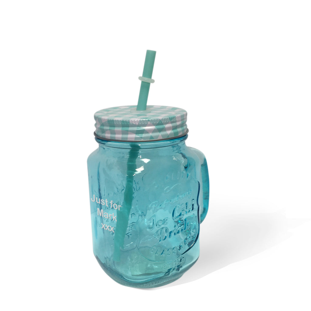Personalised Blue Coloured Mason Jar with Straw