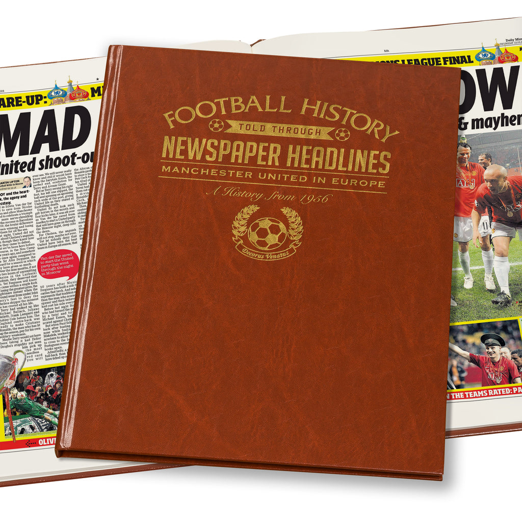 Manchester Utd in Europe Newspaper Book - Brown Leatherette (Colour Pages)